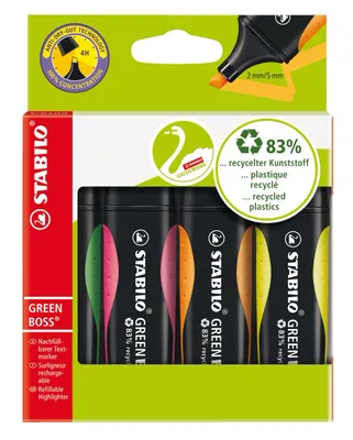 Produktbild von Umweltfreundlicher Textmarker - STABILO GREEN BOSS - 4er Pack - grün, rosa, orange, gelb