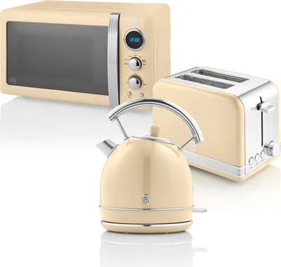 Produktbild von SWAN STRP2070CNEU Retro Set Frühstück, Wasserkocher 1,8 L, 2 Breitschlitz-Toaster, Mikrowelle 20 L Creme