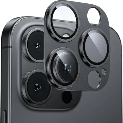 Productafbeelding van Beschermfolie voor de camera van de iPhone 16 Pro/16 Pro Max, mat, krasbestendig, splintervrij, 9H gehard glas, metalen ring, zwart