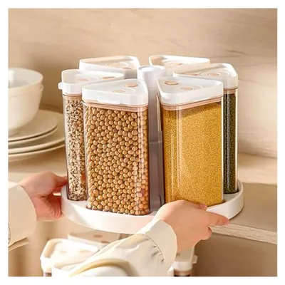 Produktbild von Drehbarer Lebensmittelspender mit 6 Fächern, transparenter Behälter für Reis, geeignet für Küche, Speisekammer, Haus, Restaurant, Bäckerei, Catering und Haferflocken
