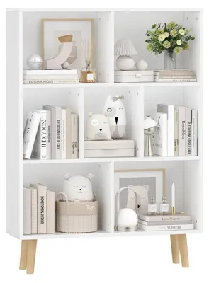 Immagine prodotto di Libreria a 7 scomparti - Libreria a colonna - 3 ripiani - Legno - Design moderno e minimalista - Ideale per soggiorno o scrivania - Dimensioni 80 x 24 cm - Bianco