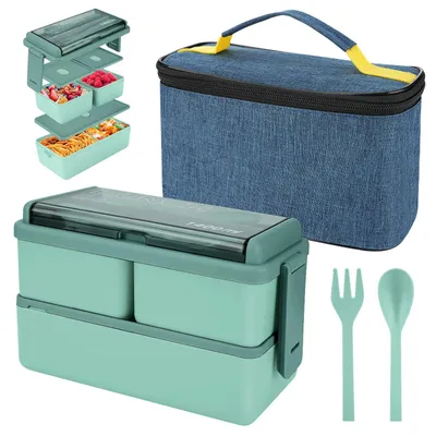 Produktbild von 1400 ml Lunchbox mit 3 Fächern - auslaufsichere zweistöckige Bento-Box, inklusive Isoliertasche und Besteck, Behälter zur Zubereitung von Mahlzeiten für Erwachsene, Kinder, Schüler, Büro, mikrowellengeeignet (grün)