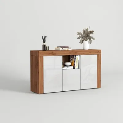 Image de Buffet moderne avec 4 portes et étagères ouvertes, modèle Torven - Blanc
