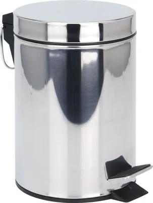 A stainless steel pedal trash can with a black pedal.