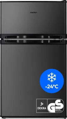 Produktbild von MEDION Mini Kühl-Gefrierkombination (85 Liter, 61L Kühlteil, 24L Gefrierteil, freistehend, 40 dB, transparente Gemüseschublade, Türanschlag wechselbar, MD 37689) grau