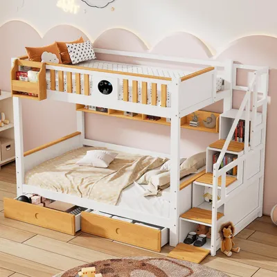 Image de Lit bébé en forme de cabane avec espace de rangement et barrière de sécurité, en bois de pin et MDF, finition naturelle et blanche