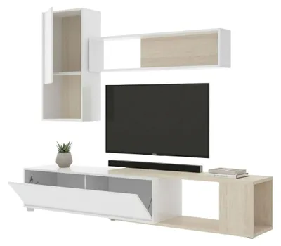 Produktbild von Wohnwand Denali, modulares Eck-Wohnzimmerset, Multipositions-Wohnzimmermöbel, 230 x 41 x 180 cm, Weiß und Eiche