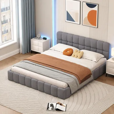 Immagine prodotto di Letto imbottito matrimoniale INONEFT, 160x200 cm, modello "bubble", con testiera imbottita, struttura a telaio con rete a doghe, colore grigio lino