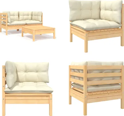 Image de vidaXL Ensemble de salon de jardin 3 pièces avec coussins en pin massif crème - Ensemble de salon de jardin - Ensemble de meubles de jardin
