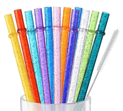 Produktbild von Wiederverwendbare Trinkhalme 12er Set Glitzer Kunststoff 27,9 cm mit Reinigungsbürste 12 Farben
