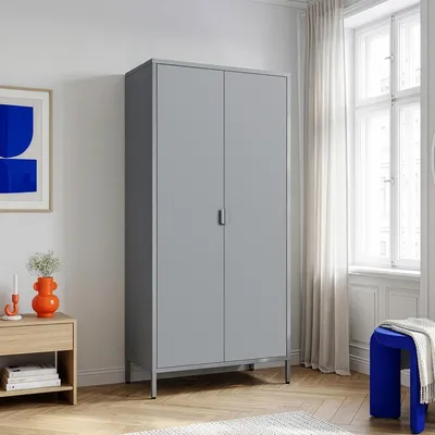 Obrázok produktu pre Šatníková skriňa „Esteli“ s 2 dverami, 170 x 80 x 45 cm, 2 vešiaky na odevy, 4 výškovo nastaviteľné police, oceľ, sivá