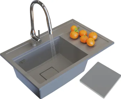 Produktbild von Granitan - Granitspüle - Küchenspüle - 80x50x22 cm - Grau - mit Armatur FOSSA und Ablaufblende - Spülbecken