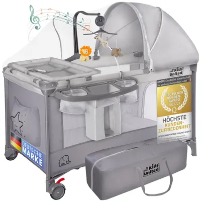 Produktbild von all Kids United Kinder Reisebett Deluxe Grau – faltbar, mit Wickelauflage, Mobile & Tragetasche