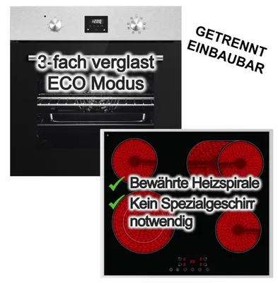 Produktbild von PKM Einbaubackofen Umluft 8 Funktionen + PKM Glaskeramik Kochfeld Zweikreiszone Bräterzone Touch Control