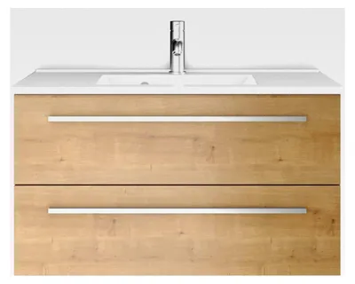 Produktbild von Waschtischunterschrank 90 x 50 cm mit Waschtisch, Libato Badezimmermöbel, Badezimmerunterschrank in Eiche Natur