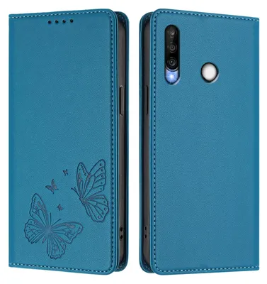 Produktbild von Lederhülle für Huawei P30 Lite, Schmetterling Prägung Leder Brieftasche Schutzhülle mit Ständer Blau