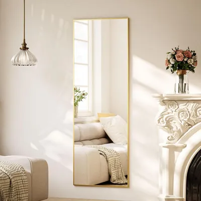 Immagine prodotto di Specchio a figura intera, dimensioni 150x40 cm, modello da appoggio o da parete, con cornice in alluminio dorata