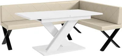 Produktbild von MEBLINI Eckbank für Esszimmer mit ausziehbarem Tisch  - Küchenbank - Essecke - Sitzecke Küche - ERIC - X-Beine 142x196x87cm Rechts - Creme Kunstleder/B Weiß Matt
