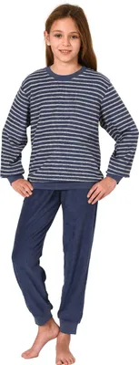 Produktbild von Mädchen langarm Frottee Schlafanzug Pyjama mit Bündchen in Streifenoptik ; navy , 152