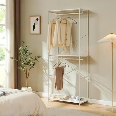 Zdjęcie produktu dla Otwarta szafka na ubrania. Wieszak na ubrania z 2 drążkami i 2 półkami. Garderoba o wymiarach 200 x 80 x 40 cm. Metalowa konstrukcja, kolor biały