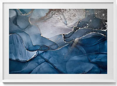 Produktbild von Blaue Abstraktion mit Gold– Wandbild mit Rahmen – Gerahmtes Bild  – Wanddekoration – 100x70 cm –  Weiß Rahmen