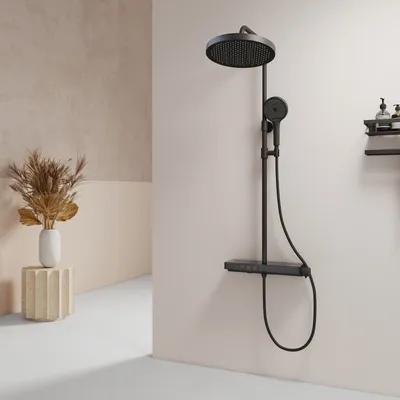 Produktbild von EMKE® sprchový systém s termostatem38℃, dešťová sprcha se skleněnou policí 40 cm, vanové a sprchové armatury, ruční sprcha 3 režimy proudu + spodní výtok, KTW, černá barva
