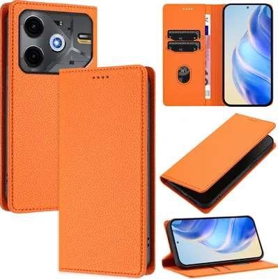 Produktbild von Litchi Leder Handyhülle für Tecno Pova 6 Neo Wallet Kartenfächer Standfunktion Hülle Orange