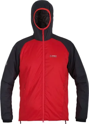 Rote Isolationsjacke Uniq von DirectAlpine mit Kapuze und schwarzen Ärmeln.
