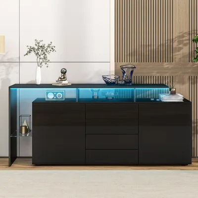 Productafbeelding van Dressoir met LED-verlichting, 160x35x70 cm, zwart, glanzend, met 2 deuren en 4 lades, geschikt voor de woonkamer