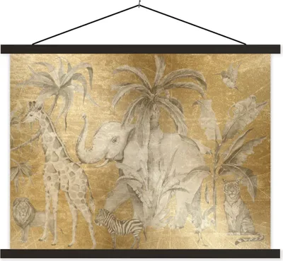 Produktbild von MuchoWow® Textilposter Dschungel - Kinder - Gold - Tiere 120x90 cm mit schwarzem Rahmen - Aufhänger für Poster