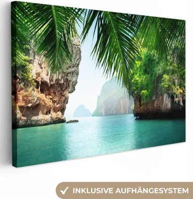 Produktbild von OneMillionCanvasses® - Leinwandbilder - 150x100 cm, Meer - Palme - Berg - Tropisch, Wandbilder Kunstdruck Wanddekoration