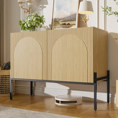 Image de Buffet moderne avec 2 portes et pieds en métal, idéal comme commode ou buffet, style minimaliste élégant, couleur naturelle, dimensions : 100 x 75 x 40 cm