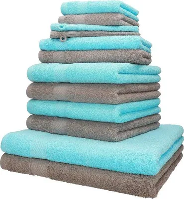 Zdjęcie produktu dla Zestaw ręczników Unyqoos® 12-częściowy, 100% bawełna, 360 g/m² – 2 ręczniki 70x140 cm, 4 ręczniki 50x100 cm, 2 ręczniki 30x50 cm, 2 ręczniki 16x21 cm, 2 ręczniki 30x30 cm, kolor: szary i turkusowy