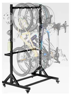 Produktbild von Freistehender Fahrradständer für 5 Fahrräder, Schwerlast 160KG, Vertikaler Fahrradständer mit 5 Fahrradhaken und 6 Helmhaken, geeignet für Innen- und Außenbereich mit Feststellrollen