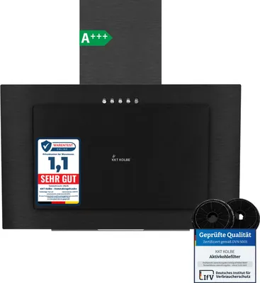 A black KKT KOLBE range hood is shown against a black background. It has an energy efficiency label and a product review sticker on the front.