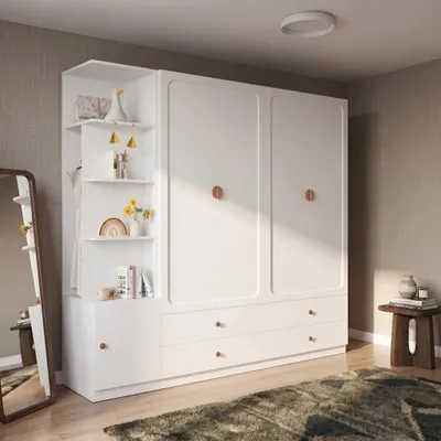 Immagine prodotto di Armadio con cassetti e porta, appendiabiti con maniglia e barra appendiabiti, mobile alto con spazio contenitivo, dimensioni 200 x 225 x 45 cm, colore bianco, materiale: legno e acciaio