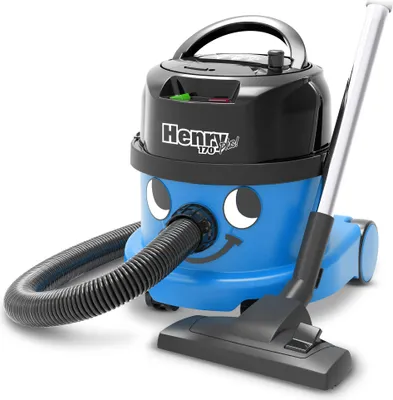 A blue and black Henry vacuum cleaner with its hose and floor head attached, shown against a white background.