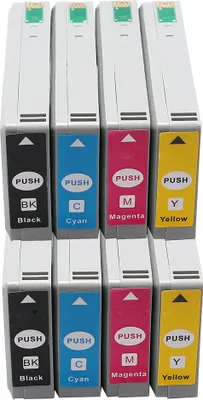 A set of eight printer ink cartridges, arranged in two rows of four.