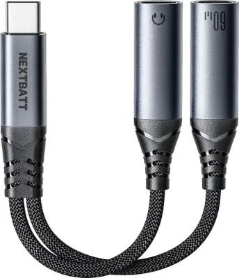 Image de Adaptateur audio NEXTBATT 2-en-1, câble USB-C vers double USB-C - Noir