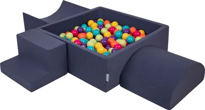 Produktbild von KiddyMoon spielplatz aus schaumstoff mit quadrat bällebad (200 bälle) ballgruben für babys spielbad hindernisläufen, hergestellt in der eu, dunkelblau:helgrün/gelb/türkis/orange/dpink/violet