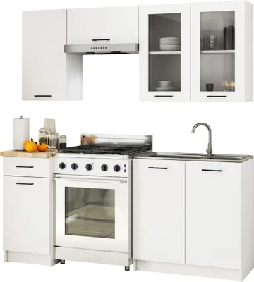Produktbild von raumhirsch Küchenzeile 180cm mit Vitrine H720 Arbeitsplatte 7 Türen 1 Schublade 5 Einheiten