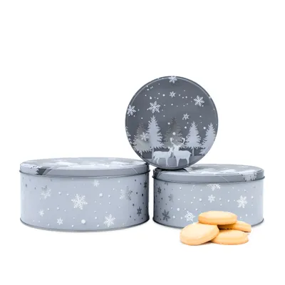 Obrázok produktu pre 3.03 Sada 3 plechoviek na sušienky - ZIMA so sobmi - okrúhle 19, 16 a 13 cm (sivé)