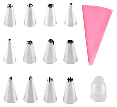 Immagine prodotto di Set di sac à poche con beccucci in acciaio inossidabile, 14 pezzi, accessori per torte, 12 beccucci, adattatore, lunghezza 30,5 cm