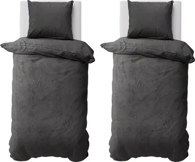Two identical beds with dark gray bedding and pillows, shown from a top-down perspective.