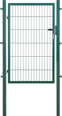 A green metal garden gate with a latch and lock mechanism, shown against a white background.