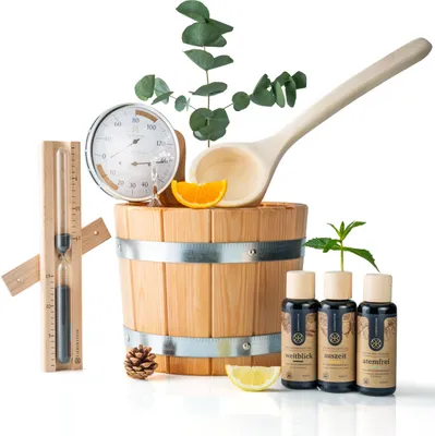 Produktbild von Liebenstein 7-teiliges Premium-Komplettset – Lärchenholz Saunaeimer mit Kelle, 3 x Sauna-Aufguss, Sanduhr & Hygro-/Thermometer