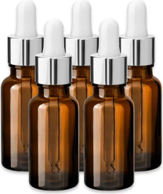 Produktbild von 5x Glasflasche braun 20 ml mit silberner Aluminium Pipette leer 18/415