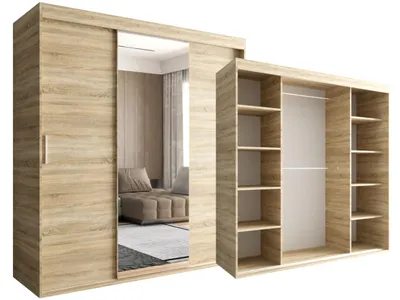 Produktbild von 3-Türiger Spiegelschrank 180cm Hellbraun Kleiderschrank mit Spiegel OTARIO