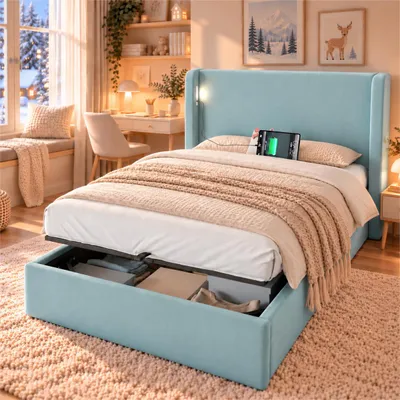 Productafbeelding van Bed met gestoffeerde zijkanten, 90x200 cm, kinderbed met hydraulische bediening en veel opbergruimte, LED-nachtlampje, USB/Type-C aansluitingen, gestoffeerd hoofdeinde en lattenbodem, fluweel, blauw