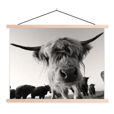 Produktbild von MuchoWow® Textilposter Schottischer Highlander - Schwarz - Weiß - Tiere 60x45 cm mit holzfarbenen Rahmen - Bild